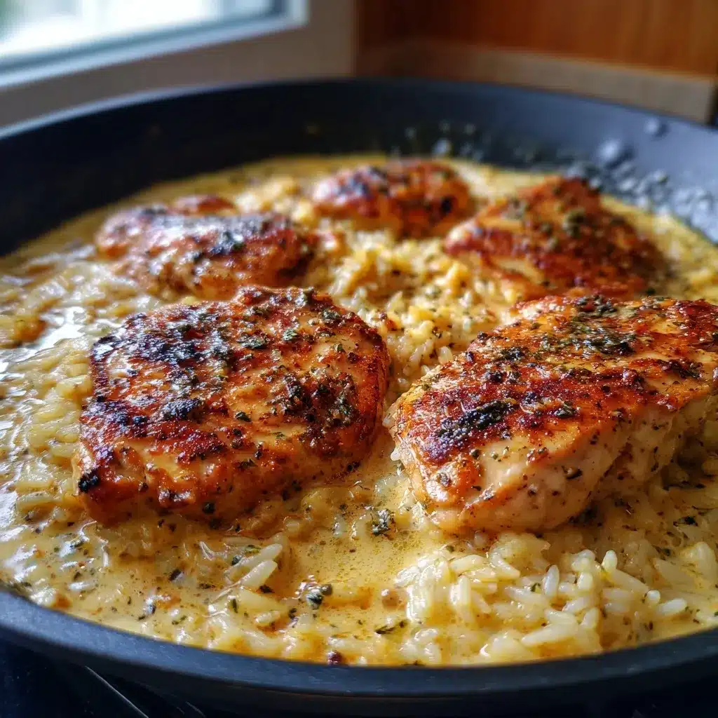 One-pan creamy garlic chicken and rice bubbling in a skillet