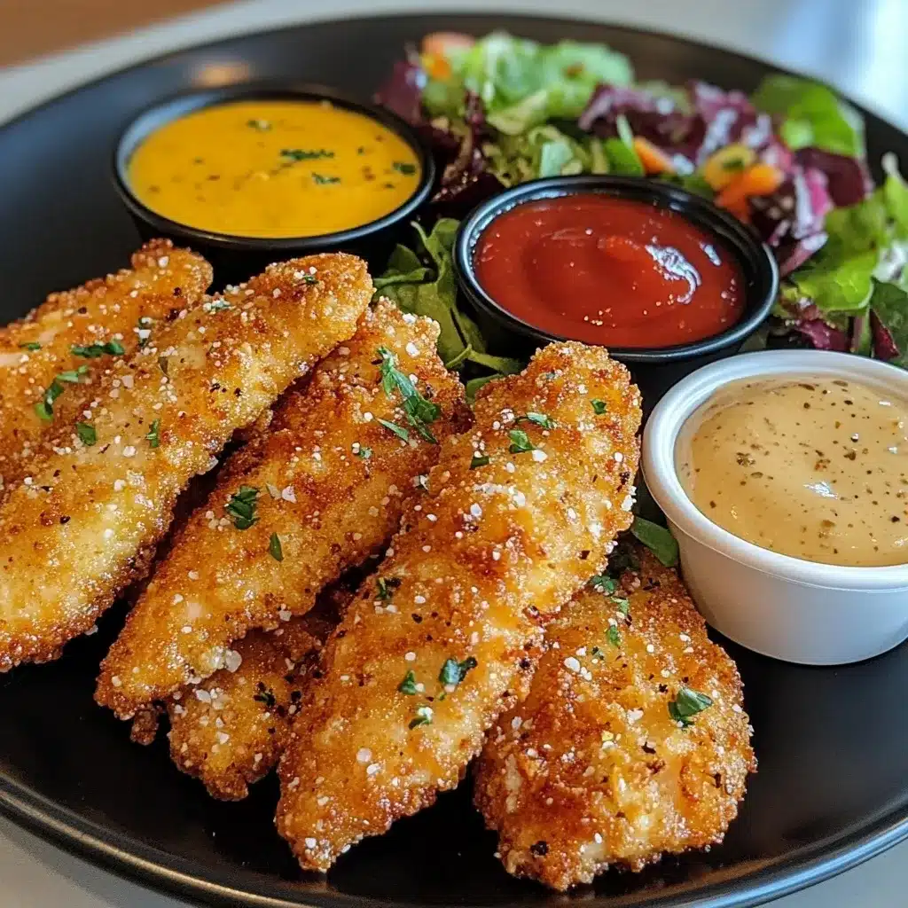 Crispy Parmesan Chicken Tenders – The Ultimate Crunchy Recipe 8 Crispy parmesan chicken tenders with sauces and salad.