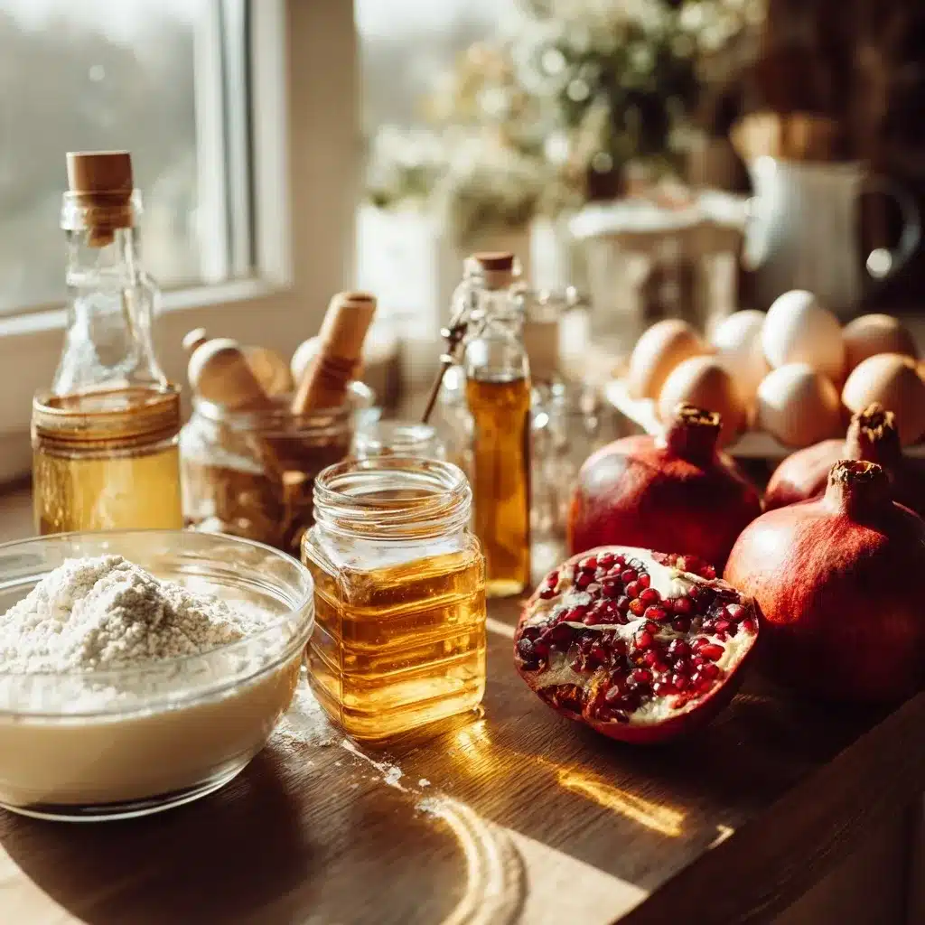 Flat lay of fresh ingredients for Pomegranate and Honey Cake