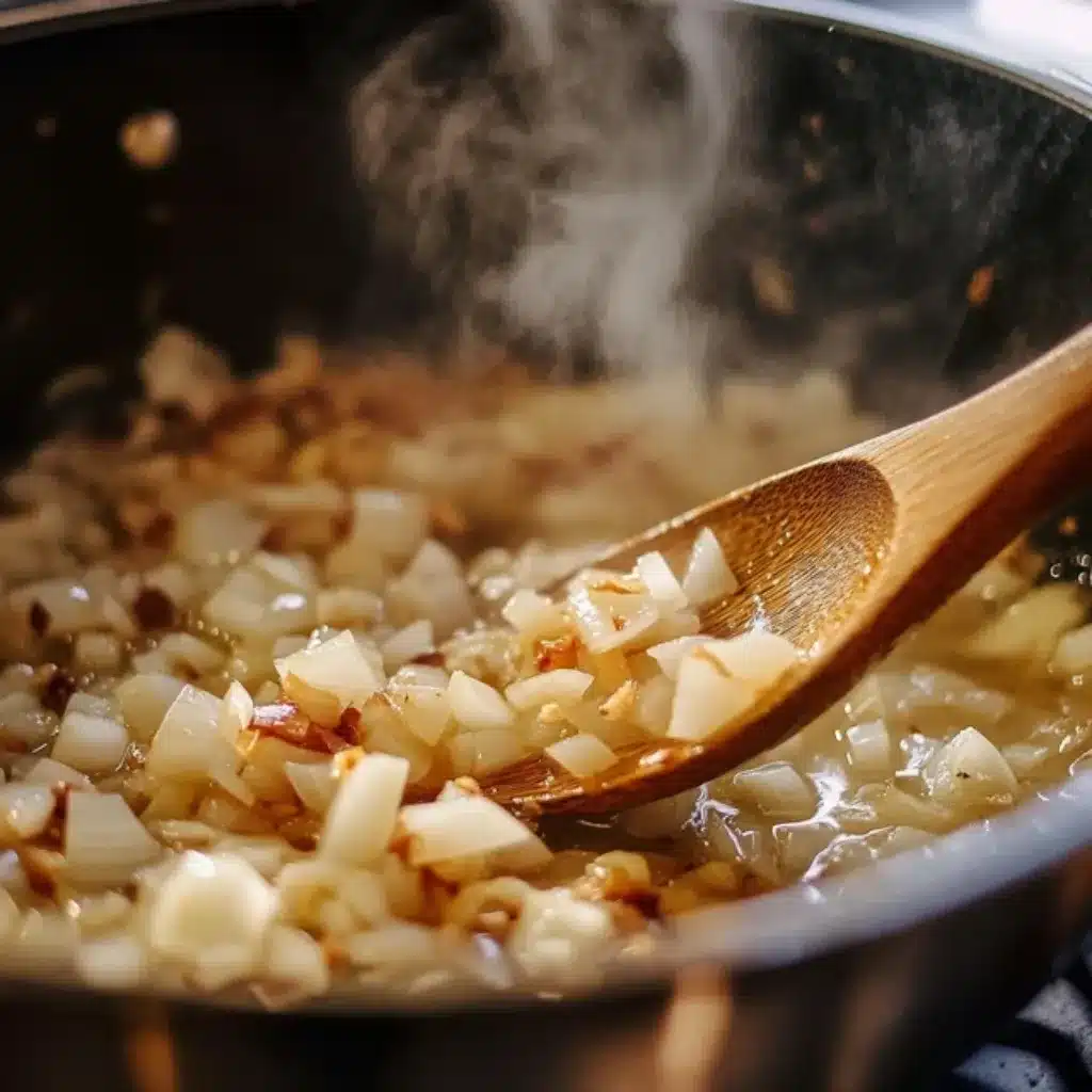 Chicken Parmesan Soup: The Ultimate Comfort Food 9 Onion and garlic sautéing in olive oil for Chicken Parmesan Soup
