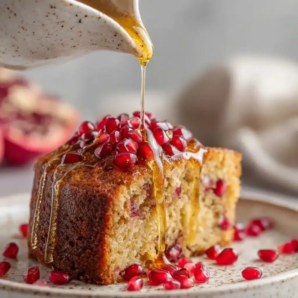 Slice of Pomegranate and Honey Cake served with pomegranate seeds