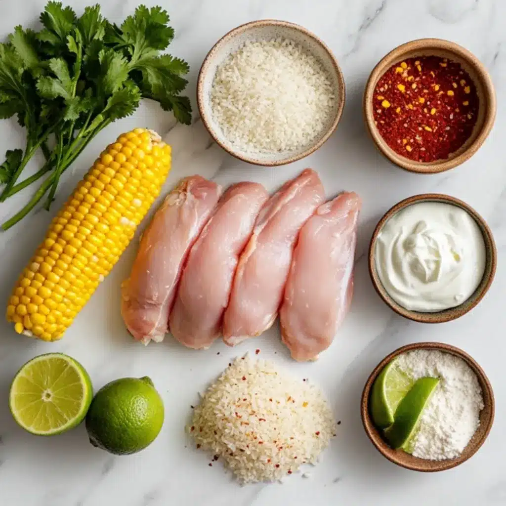 Street Corn Chicken Rice Bowl: A Flavorful and Easy Weeknight Dinner 5 Fresh ingredients for street corn chicken rice bowl including corn, chicken, rice, lime, and cilantro