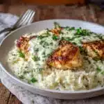 Creamy garlic chicken and rice served on a plate with parsley garnish