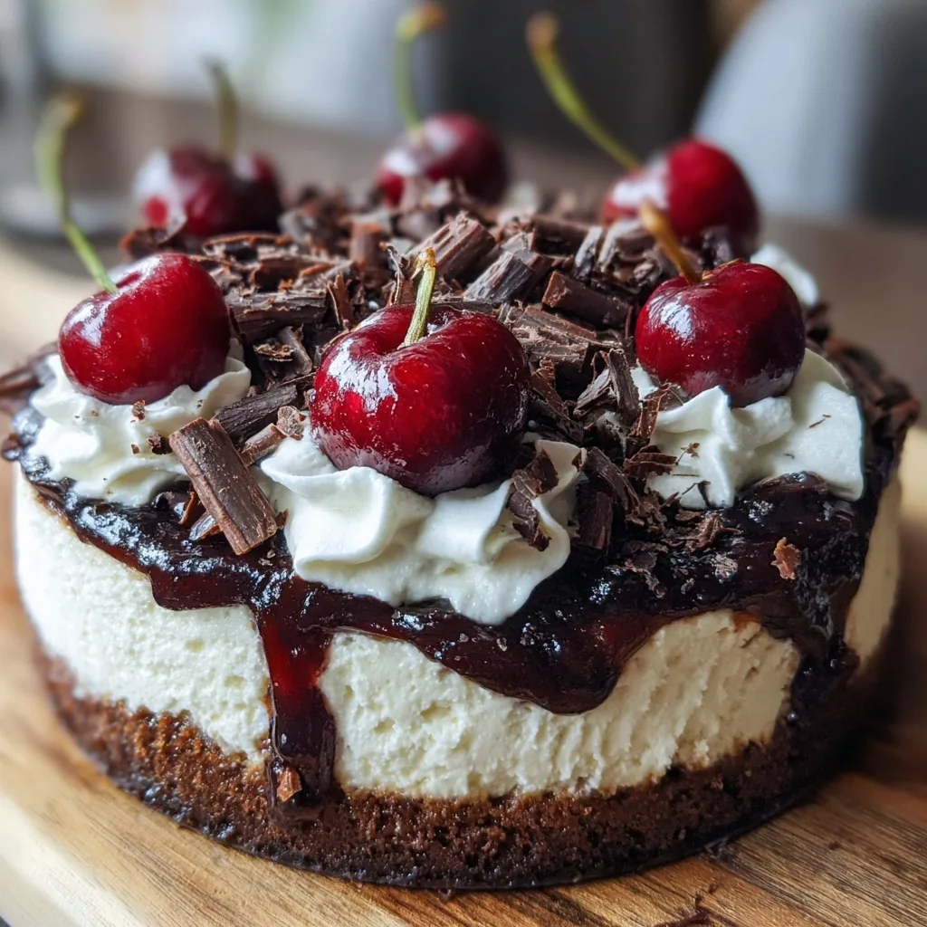 Black Forest Cheesecake: A Decadent Chocolate-Cherry Delight 6 Slice of Black Forest Cheesecake with cherry sauce and chocolate curls