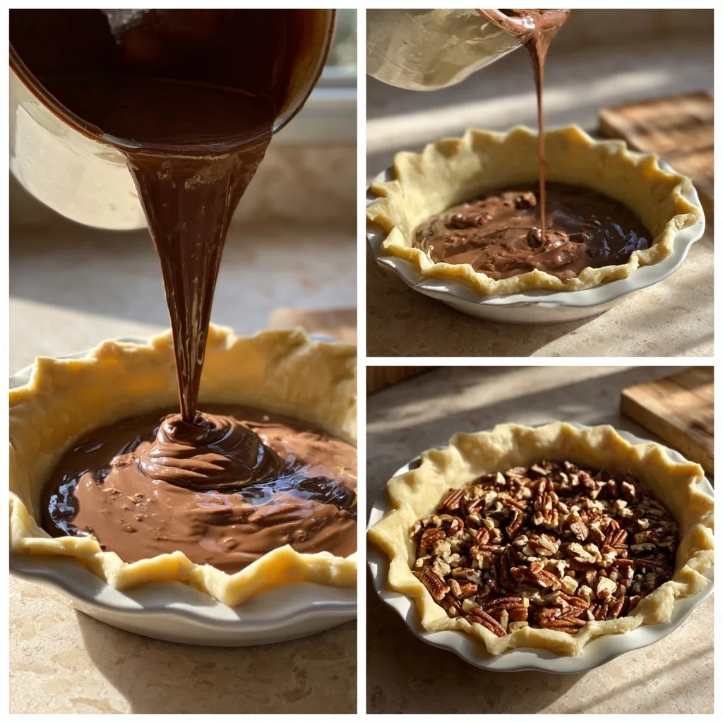 Texas Chocolate Pecan Pie – The Ultimate Southern Dessert Classic 6 Pouring chocolate pecan filling into pie crust