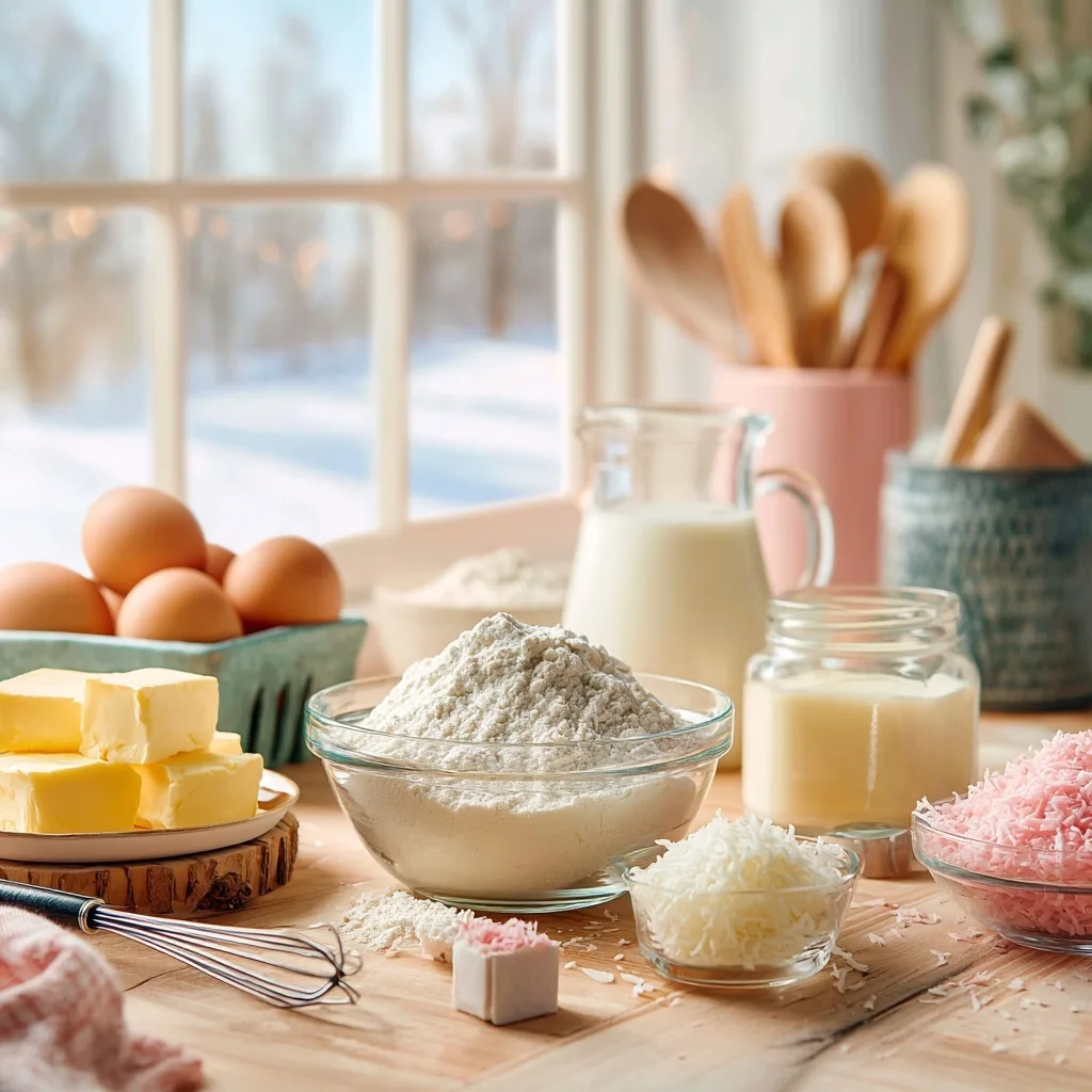 Pink Coconut Snowball Cake Bars: A Sweet, Fluffy Treat for Every Celebration 6 Ingredients for Pink Coconut Snowball Cake Bars arranged in a cozy kitchen