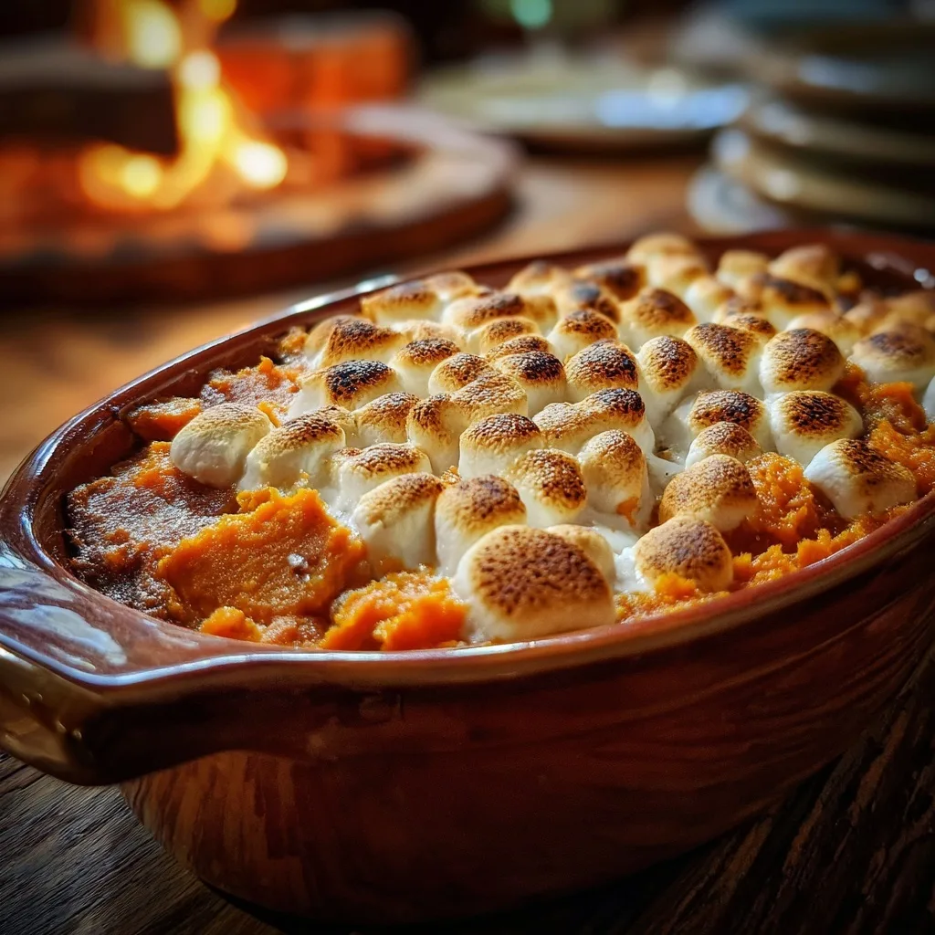 Sweet potato casserole with marshmallows freshly baked