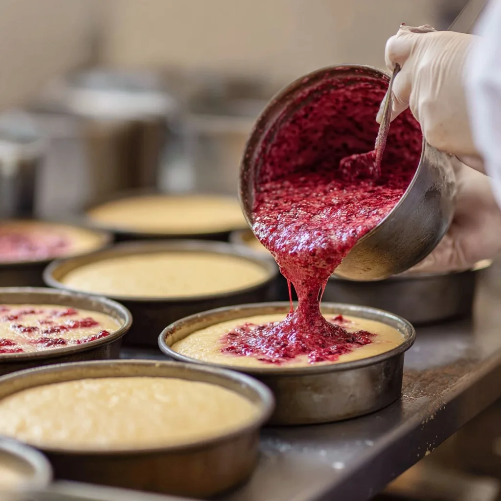 Raspberry batter preparation for White Chocolate Raspberry Dream Cake